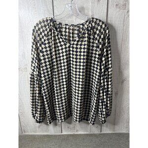 Black & Beige Checkered Long Sleeve Shirt Blouse Womens Size Large Trendy Top